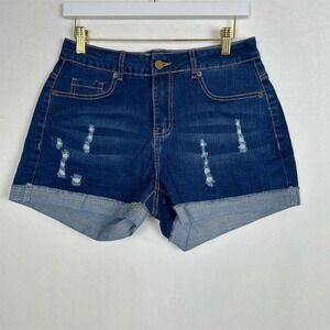 Womens Denim Shorts Distressed Cuffed Mid Rise Blue Size M Casual Summer